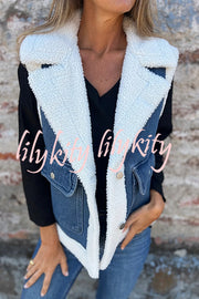 Autumn and Winter Motorcycle Faux Fur One-piece Denim Lapel Pocketed Vest Jacket