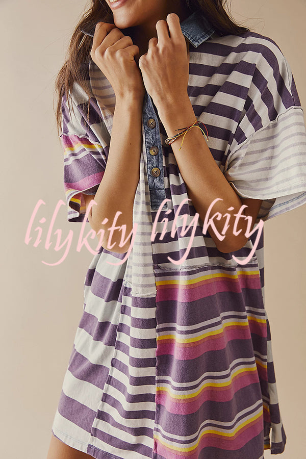 Contrast Striped Patchwork Denim Lapel Loose Casual Mini Dress