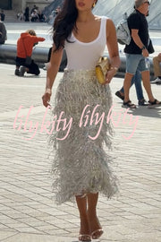 Evening Charm Layered Sequined Tassels High Rise Back Zipper Slit Midi Skirt