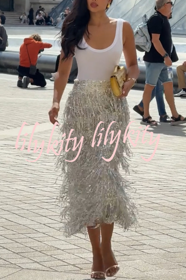 Evening Charm Layered Sequined Tassels High Rise Back Zipper Slit Midi Skirt