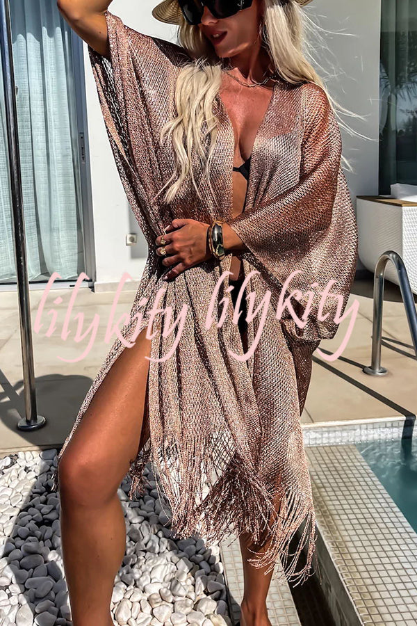 Perfect Look for Vacation Tassle Trim Batwing Sleeve Loose Cover-ups