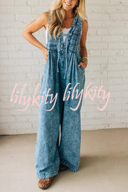 Fashionable and Casual Sleeveless V-neck Lace-up Loose Pocket Jumpsuit