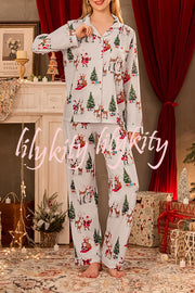 Christmas Holiday Print Long Sleeve Pocket Top and Elastic Waist Loose Pants Set