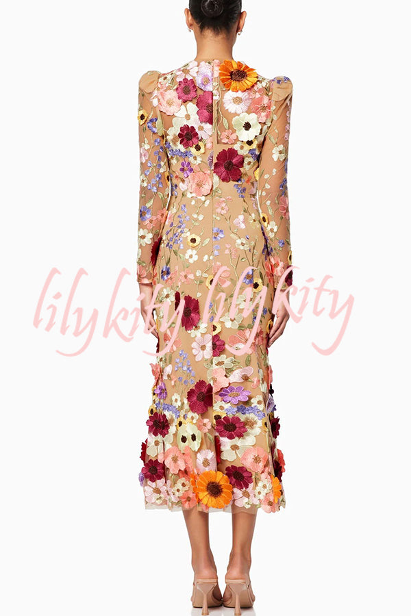 Dignified and Refined Charm Embroidered Floral Applique Long Sleeve Fish Tail Midi Dress