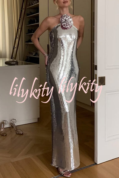 Moonlit Blooms Sequin Floral-appliqué Halter Neck Slit Gown Maxi Dress