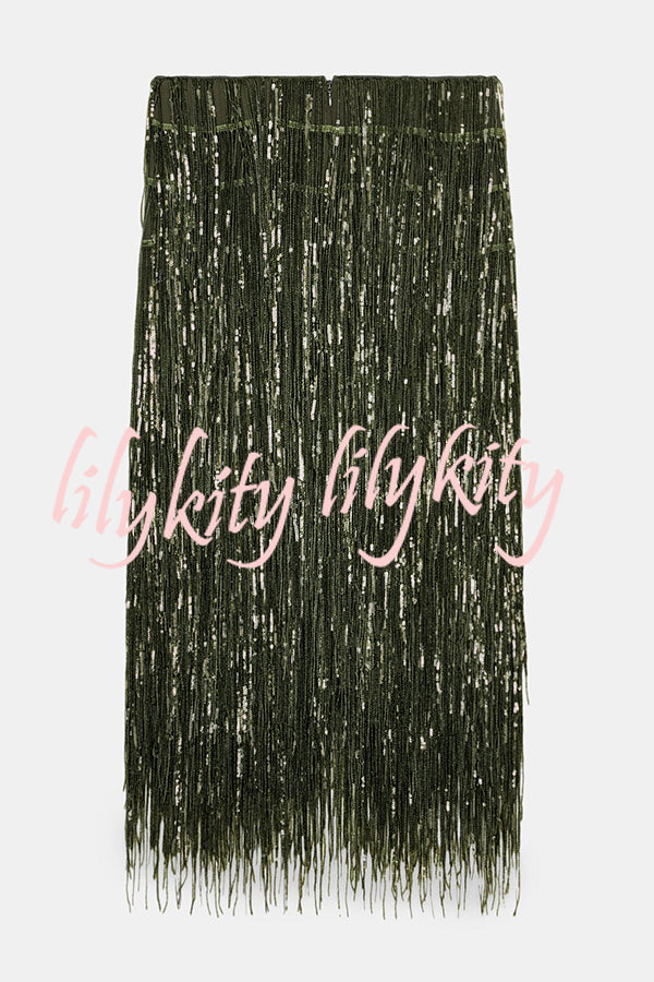 Party Crasher Layered Sequined Tassels High Rise Back Zipper Midi Skirt