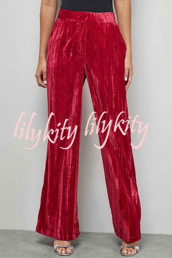 Solid Color Velvet Long-sleeved Waist Tie Top and Elastic Waist Casual Pocket Straight-leg Pants Set
