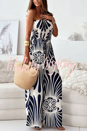 Unique Printed Off-shoulder Pleated Casual Wide-leg Jumpsuit