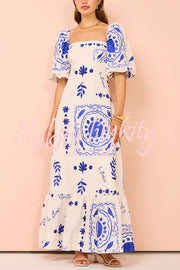 Sherbert Linen Blend Unique Print Square Neck Bubble Sleeve Maxi Dress