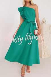 Solid One Shoulder Ruffled Sleeves Tie Waist Maxi Dress