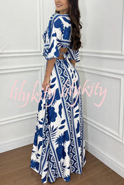 Wilma Unique Print Cutout Elastic Waist Tie-up Kimono Sleeve Maxi Dress