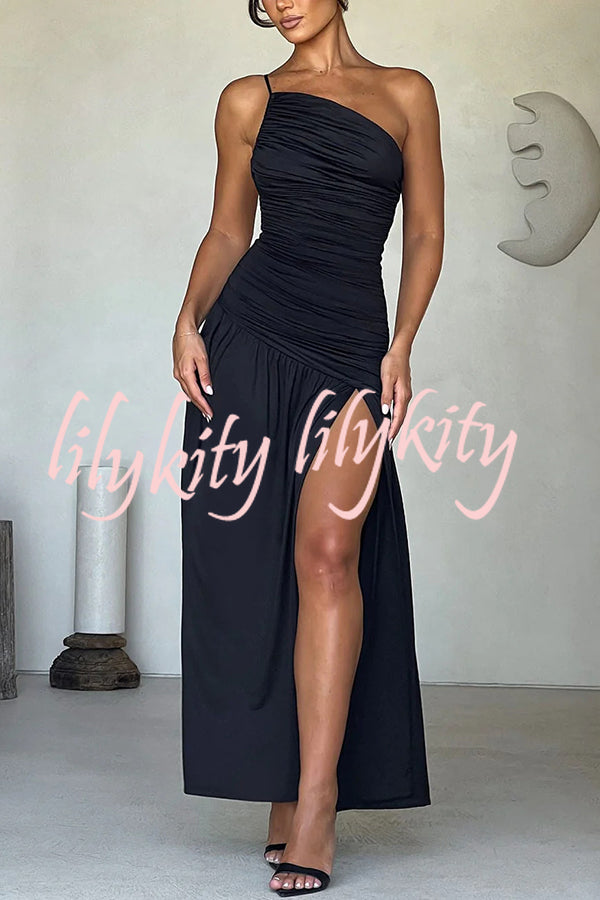 Sexy One-shoulder Strap Gathered Slim Fit Slit Maxi Dress