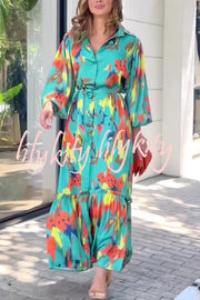 Multicolor Printed Lapel Balloon Sleeves Tie-waist Maxi Dress