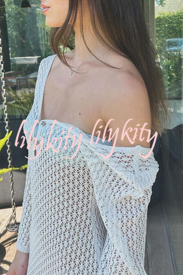V Neck Button Down Knitted Cutout Long Sleeved Cover Up