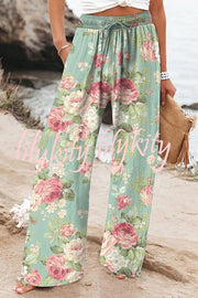 Colorful Printed Elastic Waist Drawstring Pocket Casual Pants