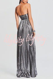Metallic Sexy Tube Top Pleated High Slit Maxi Dress