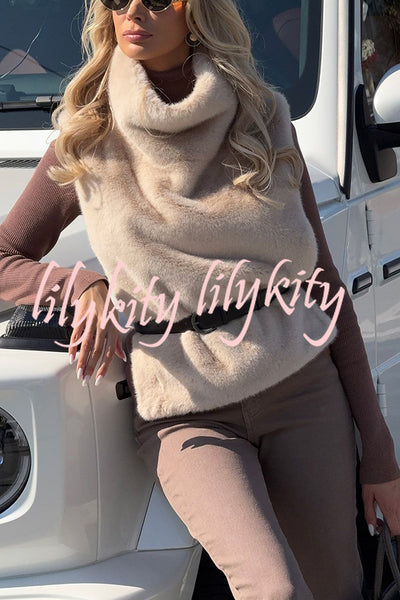 Warm and Stylish Shaggy Eco-fur Stand Collar Side Slit Vest