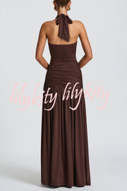 Solid Color Halter Neck Backless Slim Fit Pleated Slit Maxi Dress