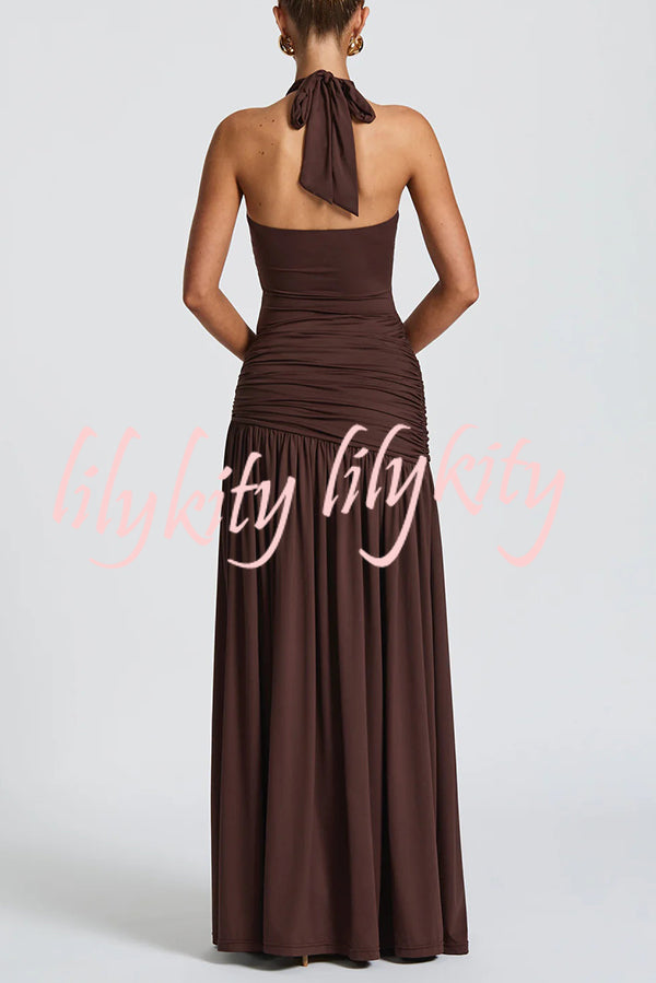Solid Color Halter Neck Backless Slim Fit Pleated Slit Maxi Dress