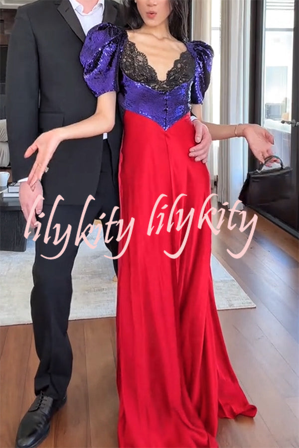 Like Snow White Sequin Lace Puff Sleeve Satin Hem Maxi Dress