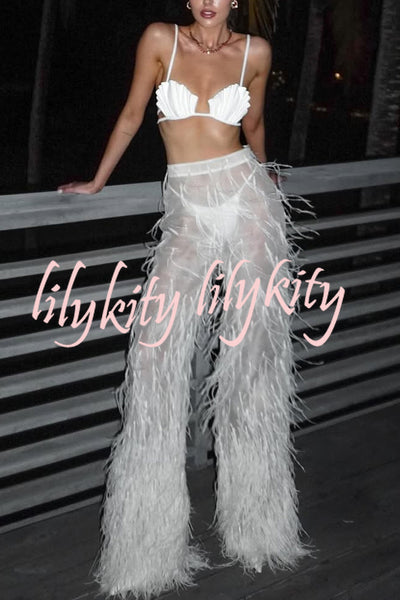 Braylie Sheer Tulle Tiered Feather Trim High Rise Wide Leg Pants