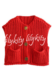 Solid Color Sleeveless Pocket Knitted Vest