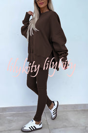 Solid Color Loose Long Sleeve SlitSweatshirt and Elastic Waist Tight Pants Set