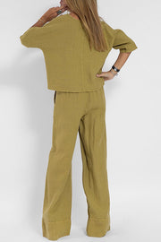 Linen Blend Solid Color Casual Round Neck Top and Loose Wide-leg Pants Set