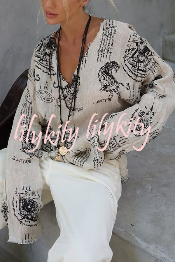 Natural Vibe Linen Blend Unique Print Long Sleeve Loose Shirt