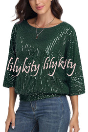 Solid Color Sequined Loose Round Neck Casual Top