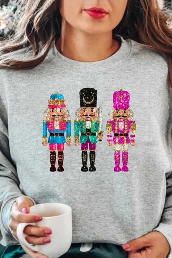 Christmas Soldier Sequin Loose Crew Neck Long Sleeve Sweatshirt