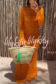 Sunny Beachside Crochet Knit Hollow Out Long Sleeve Cover-up Maxi Dress