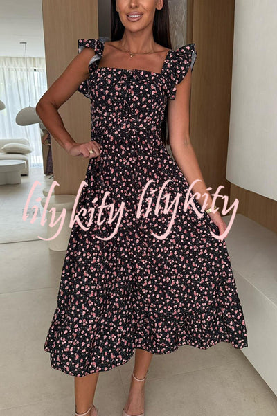 Floral Print Square Neck Pleated Back Midi Dress