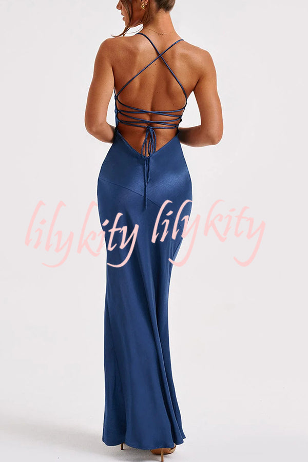 Satin Solid Color Sexy Backless Lace Up High Slit Maxi Dress