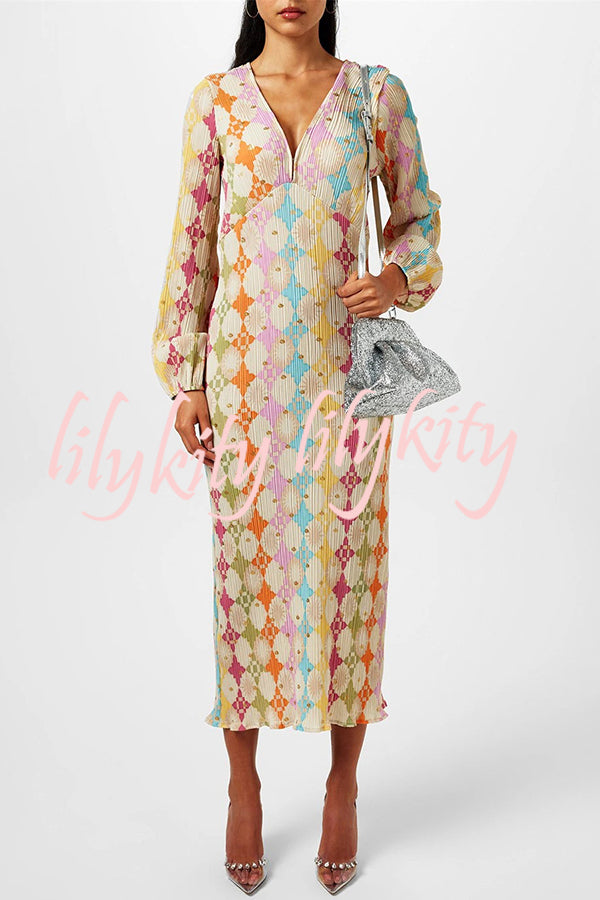 Gorgeous Sunshine Colorful Unique Print Kimono Puff Sleeve Midi Dress