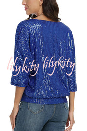 Solid Color Sequined Loose Round Neck Casual Top