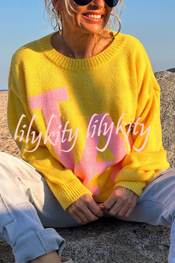 Letter Pattern Crew Neck Long Sleeve Loose Knit Sweater