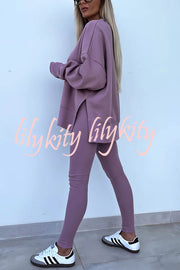 Solid Color Loose Long Sleeve SlitSweatshirt and Elastic Waist Tight Pants Set