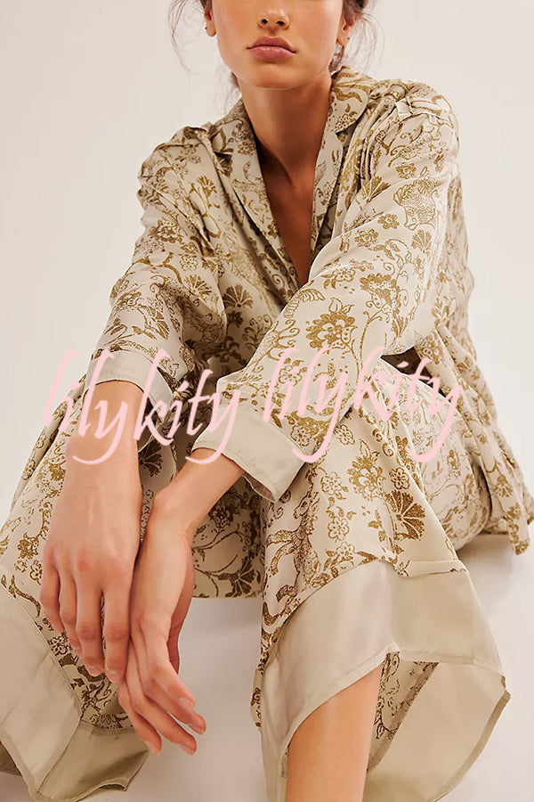 Unique Printed Lounge Long-sleeved Shirt and Elastic Waisted Baggy Pants Set