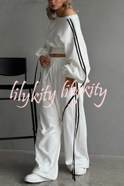 Contrast Color Webbing Casual Sweatshirt and Elastic Waist Tie Loose Pants Set