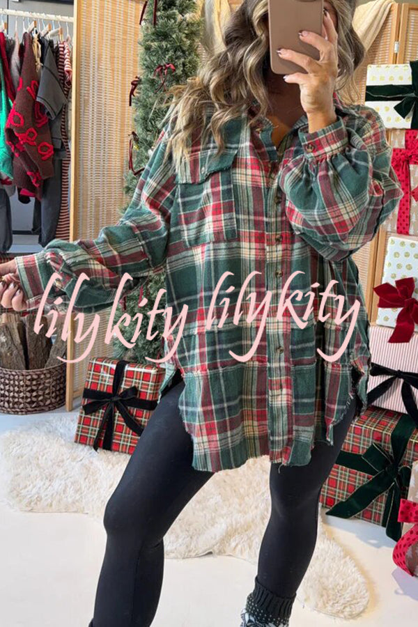Christmas Morning Plaid Button Down Long Sleeve Pocket Loose Blouse