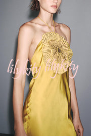 Fashionable Beaded Large Flower Decoration Halter Neck Backless Maxi Dress
