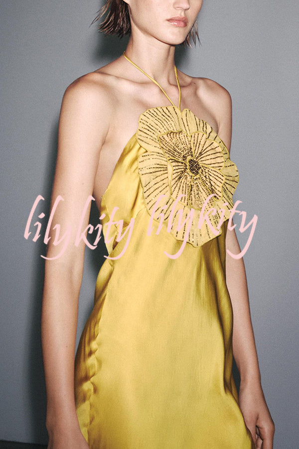 Fashionable Beaded Large Flower Decoration Halter Neck Backless Maxi Dress