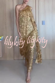 Holiday Muse Sequined Slit Tassels One Shoulder H-line Maxi Dress
