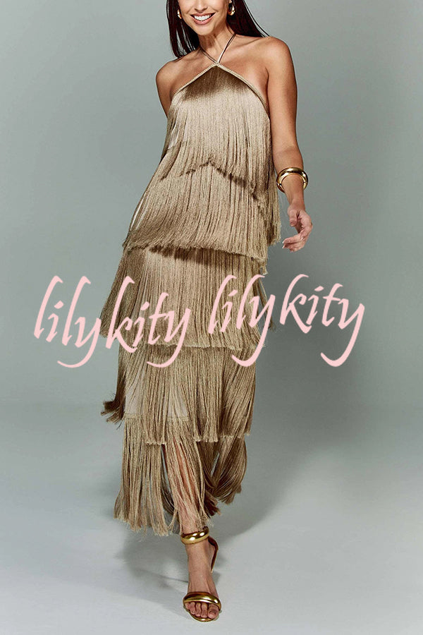 Sexy Halterneck Backless Elegant Fringe Maxi Dress