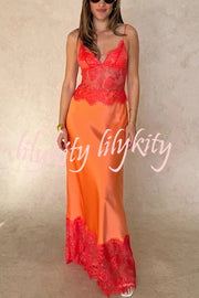 Elegant Evening Satin Lace Patchwork See-through Waist Slip Maxi Dress