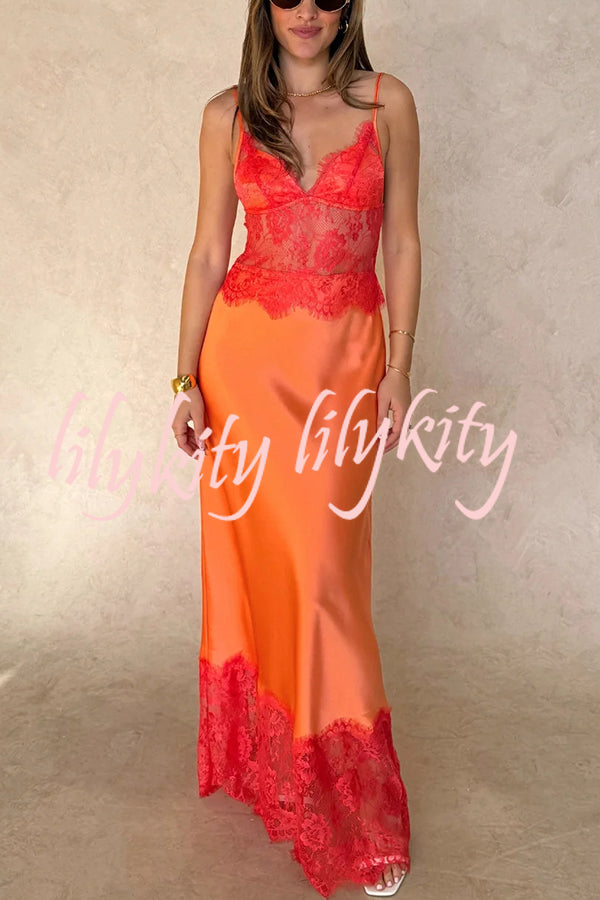 Elegant Evening Satin Lace Patchwork See-through Waist Slip Maxi Dress