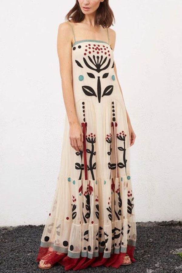 Botanical Print Chiffon Sling Backless Resort Maxi Dress