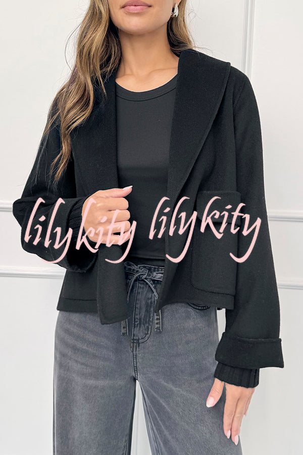 Comfortable Season Shawl Collar Open-front Long Sleeve Flap Pockets Crop Coat
