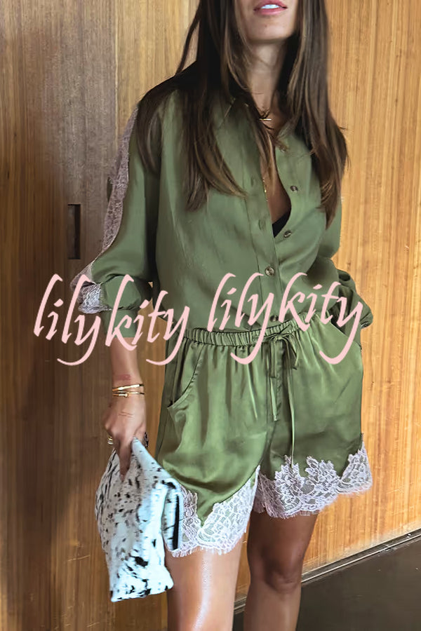 Eye-catching Work Contrast Color Satin Lace Trim Elastic Waist Pocket Shorts